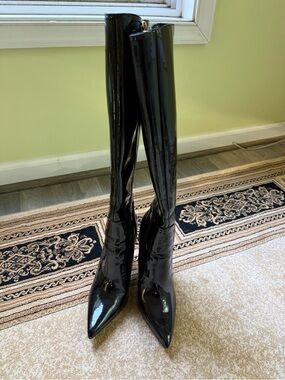 Black Patent Knee-High Pointed Toe Women's Boots